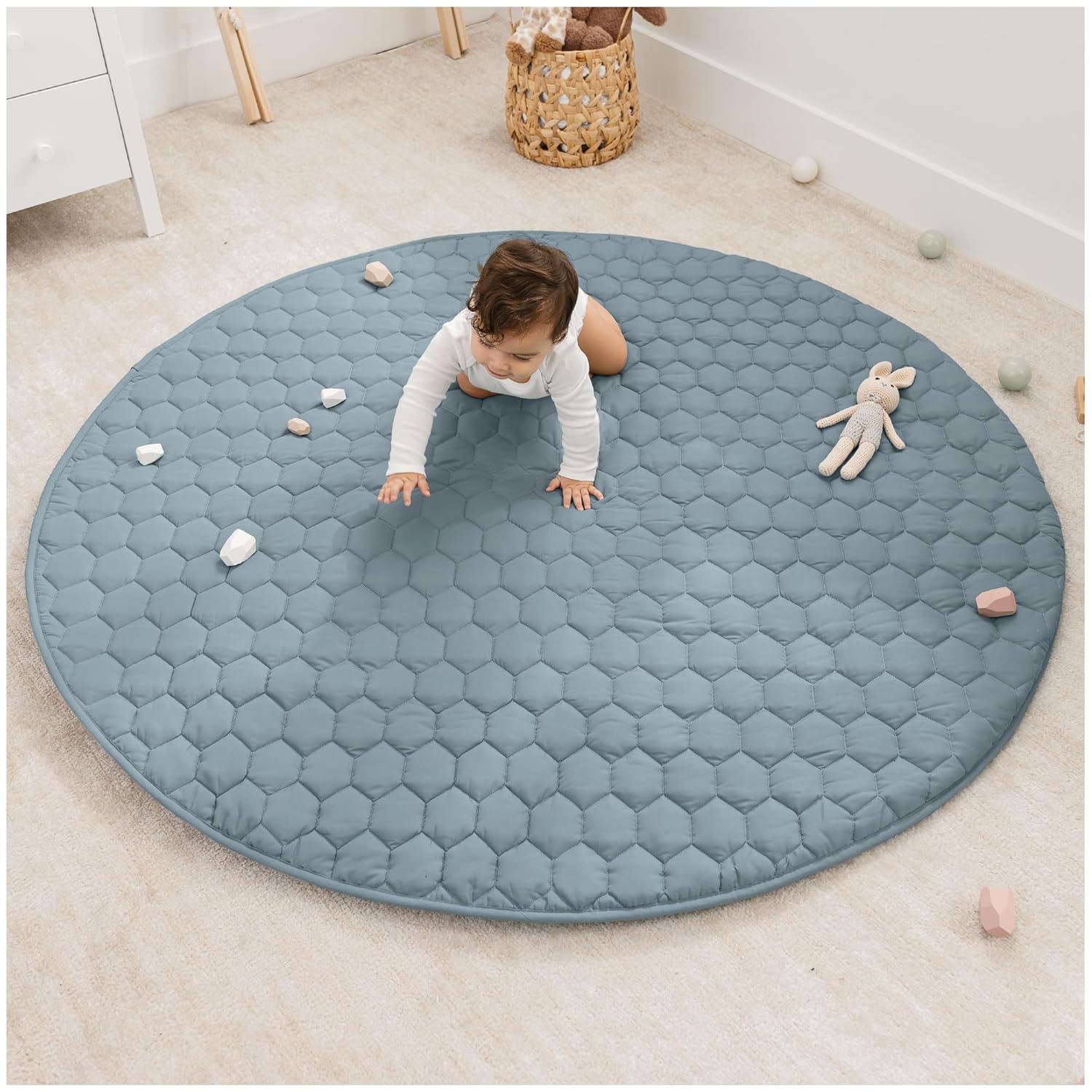 Comfy Cubs Square Kids Play Mat - 56 x 56 inches Soft Quilted Baby Floor Mat with Non-Slip Bottom - Plush Design for Toddlers' Playtime and Relaxation - Comfortable and Durable - Fern