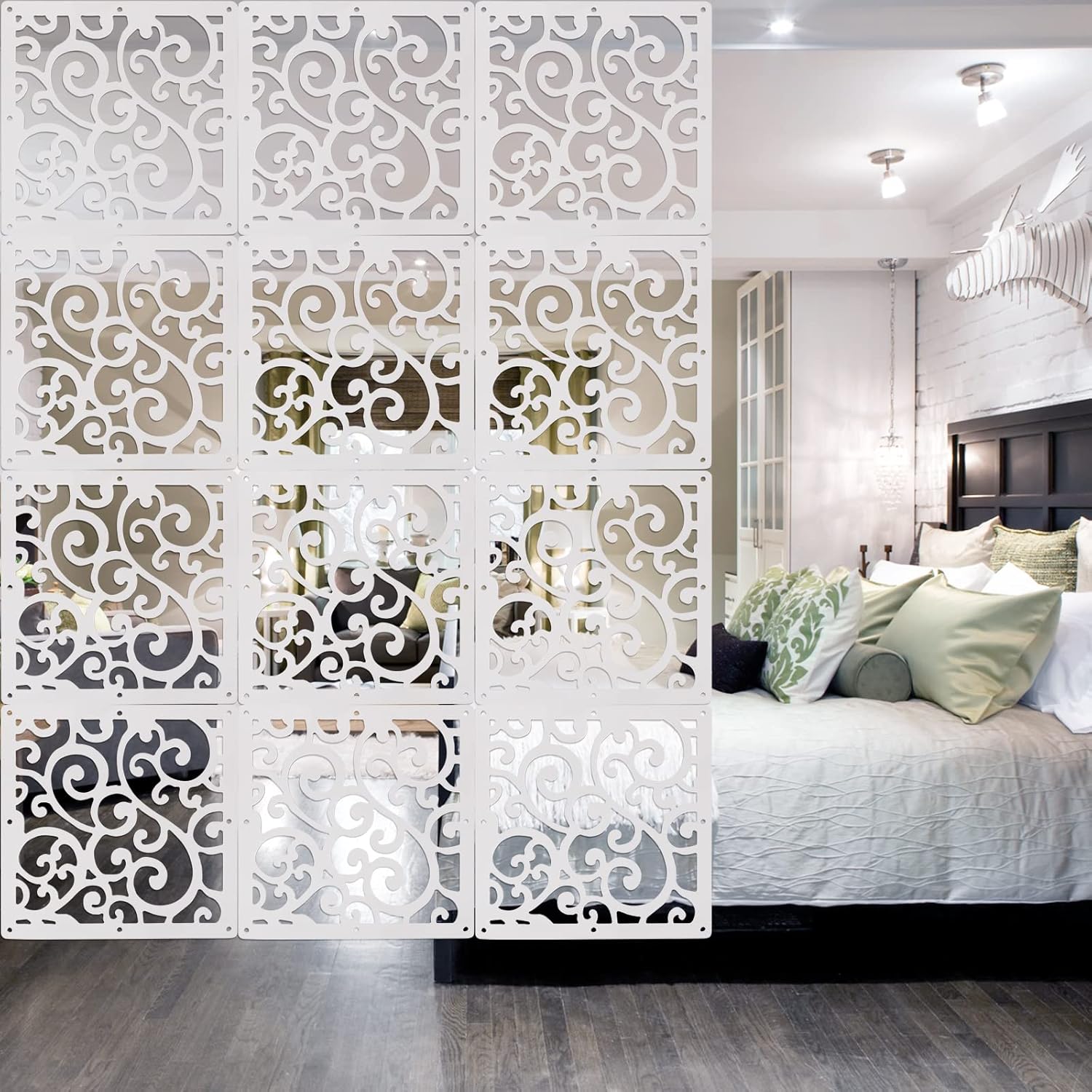 ANMINY 48 PCS Hanging Room Divider Decorative Thick Wall Screen Panels Floral Carving Pattern Hollow Out Design for Bedroom Living Dining Room Kitchen Office Restaurant Home Hotel Decor - White Maze