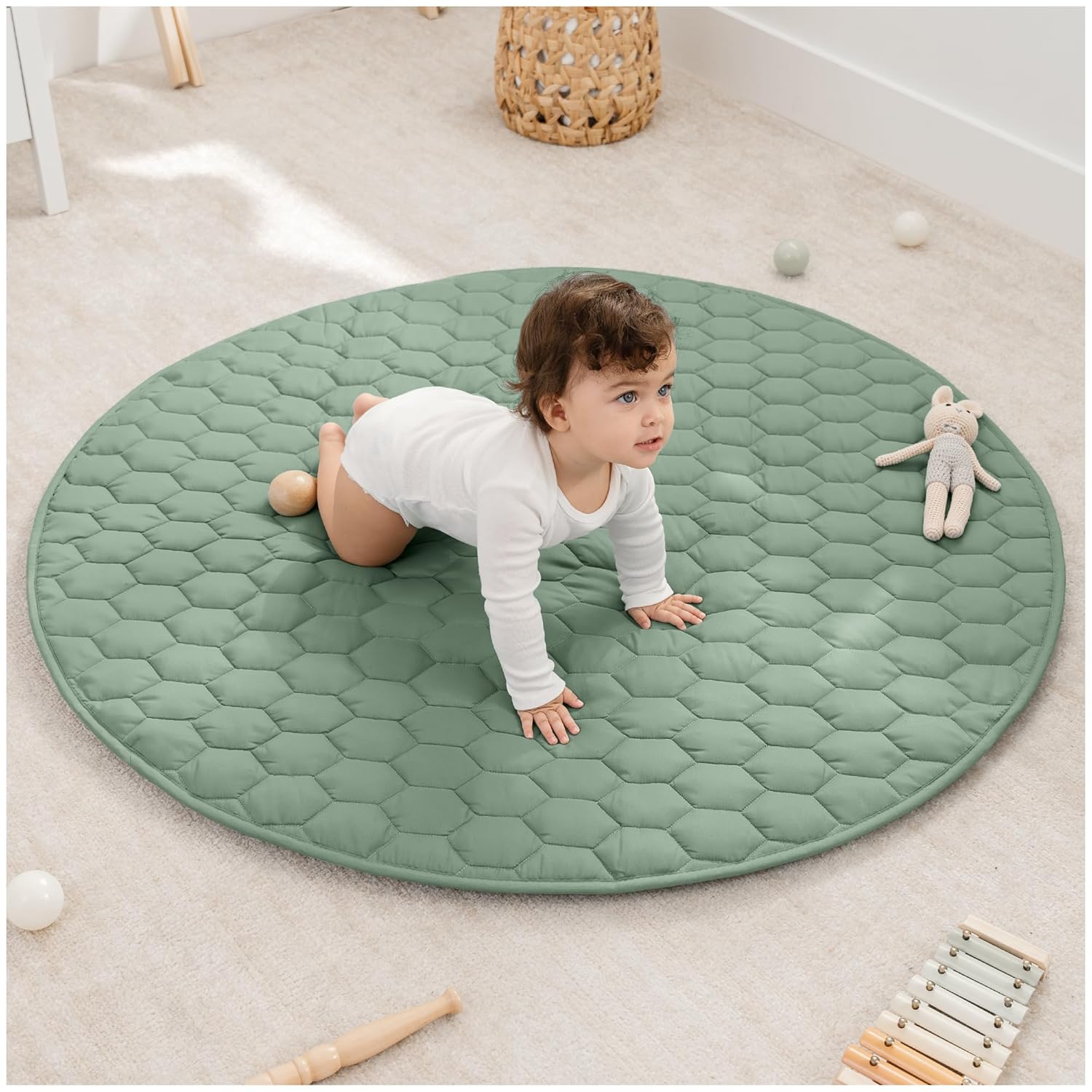 Comfy Cubs Square Kids Play Mat - 56 x 56 inches Soft Quilted Baby Floor Mat with Non-Slip Bottom - Plush Design for Toddlers' Playtime and Relaxation - Comfortable and Durable - Fern