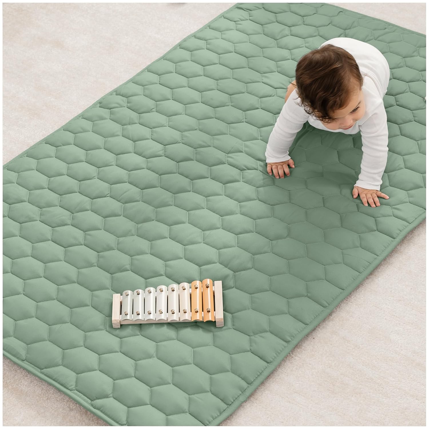 Comfy Cubs Square Kids Play Mat - 56 x 56 inches Soft Quilted Baby Floor Mat with Non-Slip Bottom - Plush Design for Toddlers' Playtime and Relaxation - Comfortable and Durable - Fern