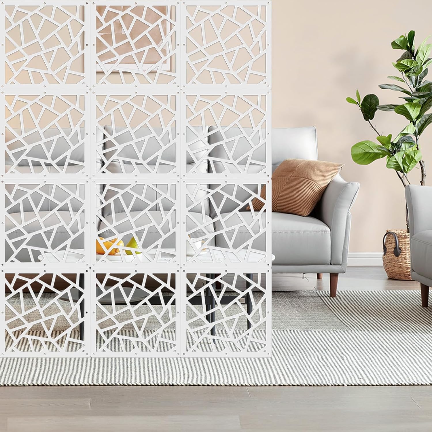 ANMINY 48 PCS Hanging Room Divider Decorative Thick Wall Screen Panels Floral Carving Pattern Hollow Out Design for Bedroom Living Dining Room Kitchen Office Restaurant Home Hotel Decor - White Maze