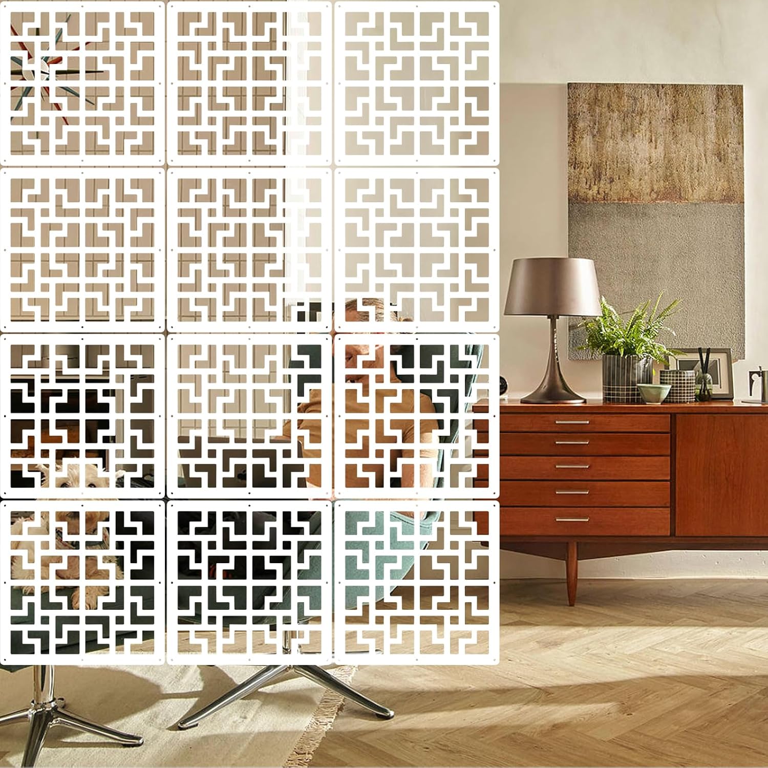 ANMINY 48 PCS Hanging Room Divider Decorative Thick Wall Screen Panels Floral Carving Pattern Hollow Out Design for Bedroom Living Dining Room Kitchen Office Restaurant Home Hotel Decor - White Maze