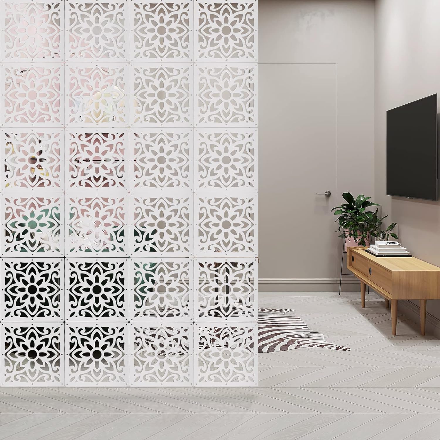 ANMINY 48 PCS Hanging Room Divider Decorative Thick Wall Screen Panels Floral Carving Pattern Hollow Out Design for Bedroom Living Dining Room Kitchen Office Restaurant Home Hotel Decor - White Maze