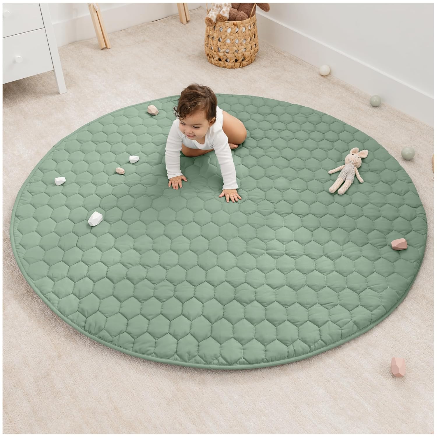 Comfy Cubs Square Kids Play Mat - 56 x 56 inches Soft Quilted Baby Floor Mat with Non-Slip Bottom - Plush Design for Toddlers' Playtime and Relaxation - Comfortable and Durable - Fern