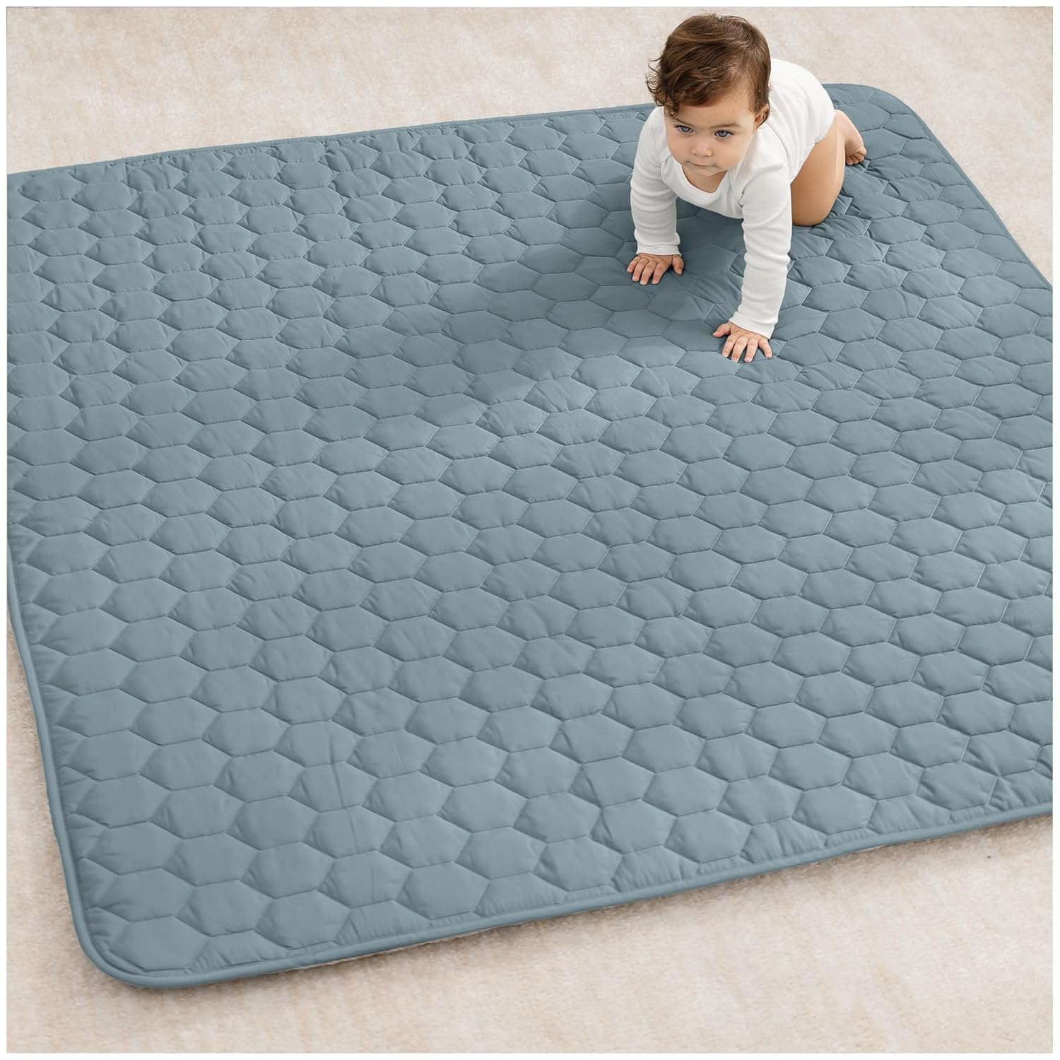 Comfy Cubs Square Kids Play Mat - 56 x 56 inches Soft Quilted Baby Floor Mat with Non-Slip Bottom - Plush Design for Toddlers' Playtime and Relaxation - Comfortable and Durable - Fern