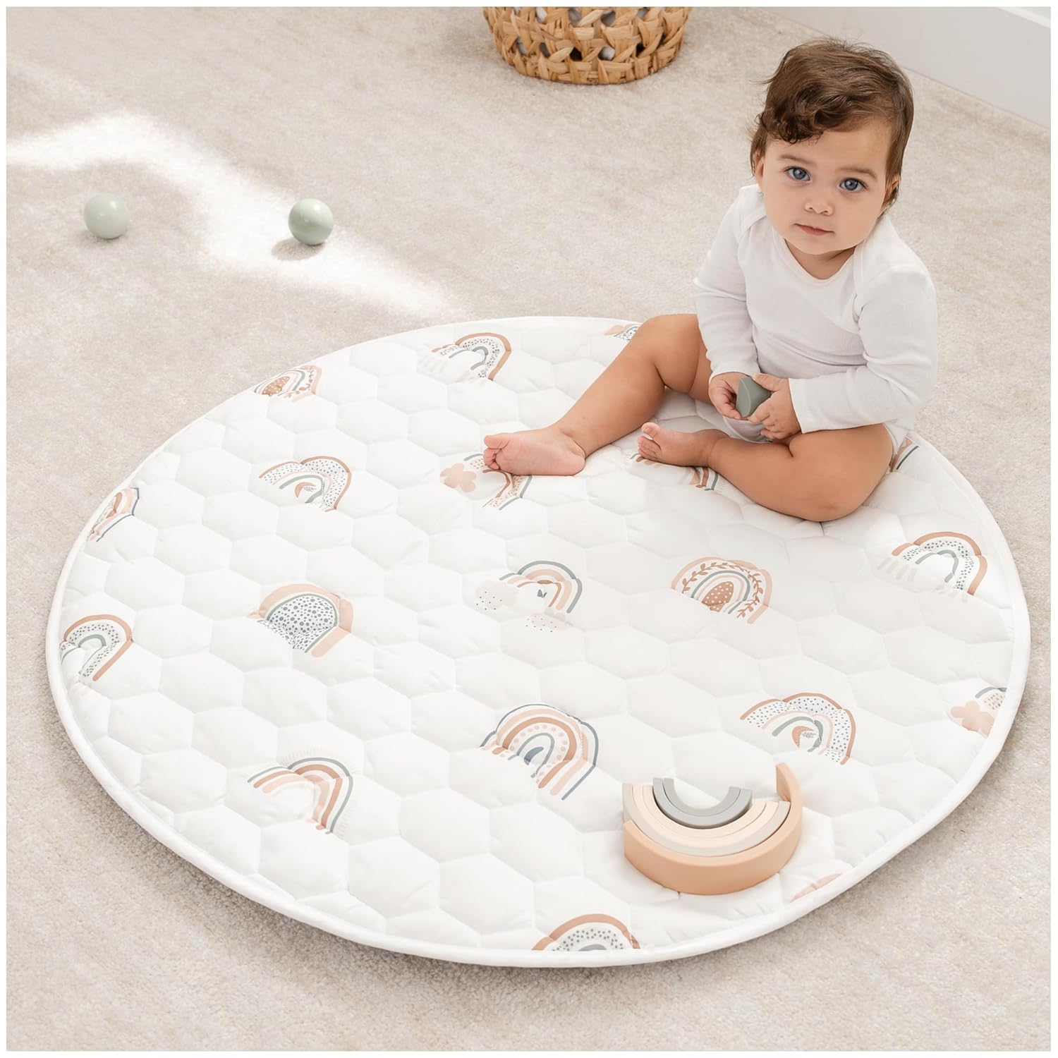 Comfy Cubs Square Kids Play Mat - 56 x 56 inches Soft Quilted Baby Floor Mat with Non-Slip Bottom - Plush Design for Toddlers' Playtime and Relaxation - Comfortable and Durable - Fern
