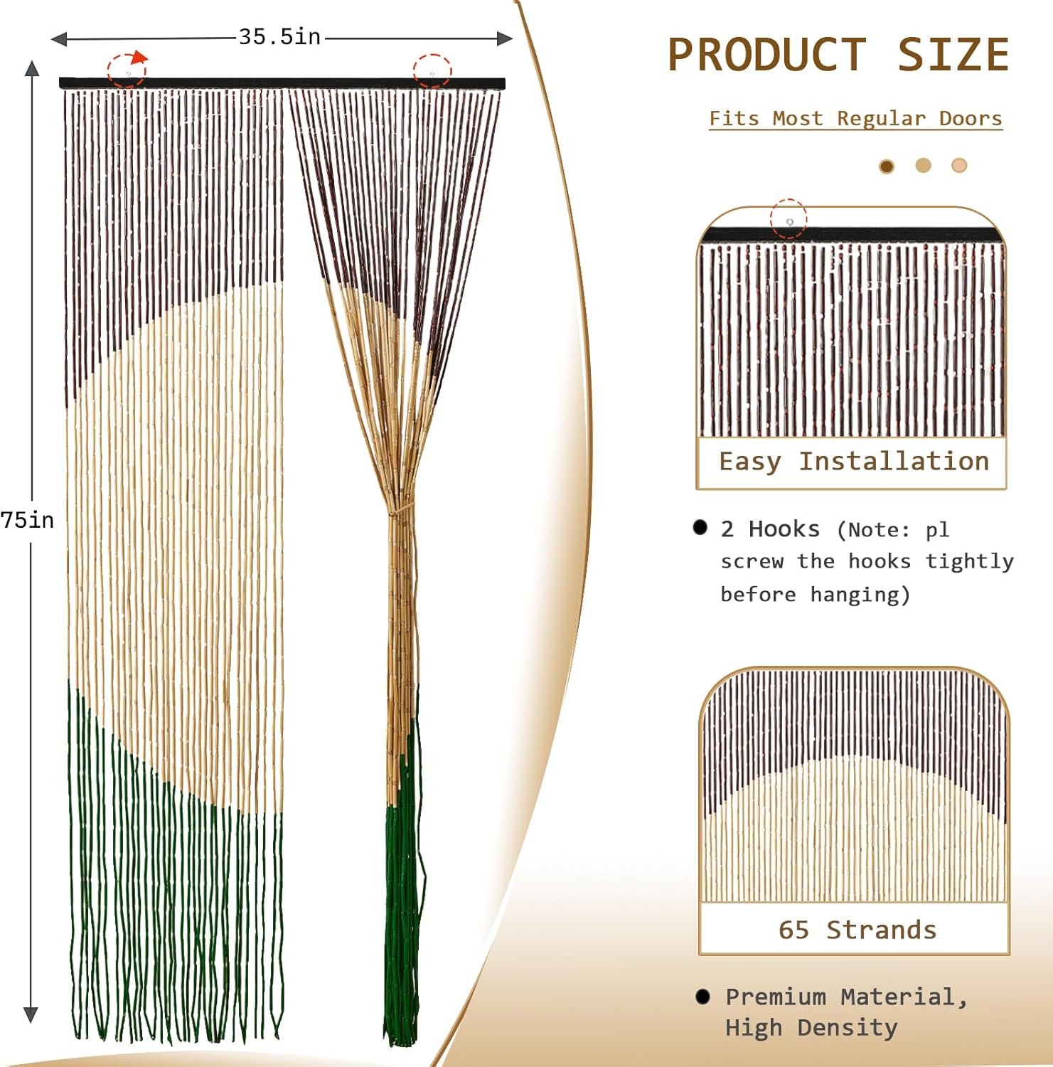 Handmade Bamboo Beaded Curtain for Doorways 65 Strands 35.5" x 75" Boho Door Curtains Window Hanging Room Divider Partition for Home Decoration