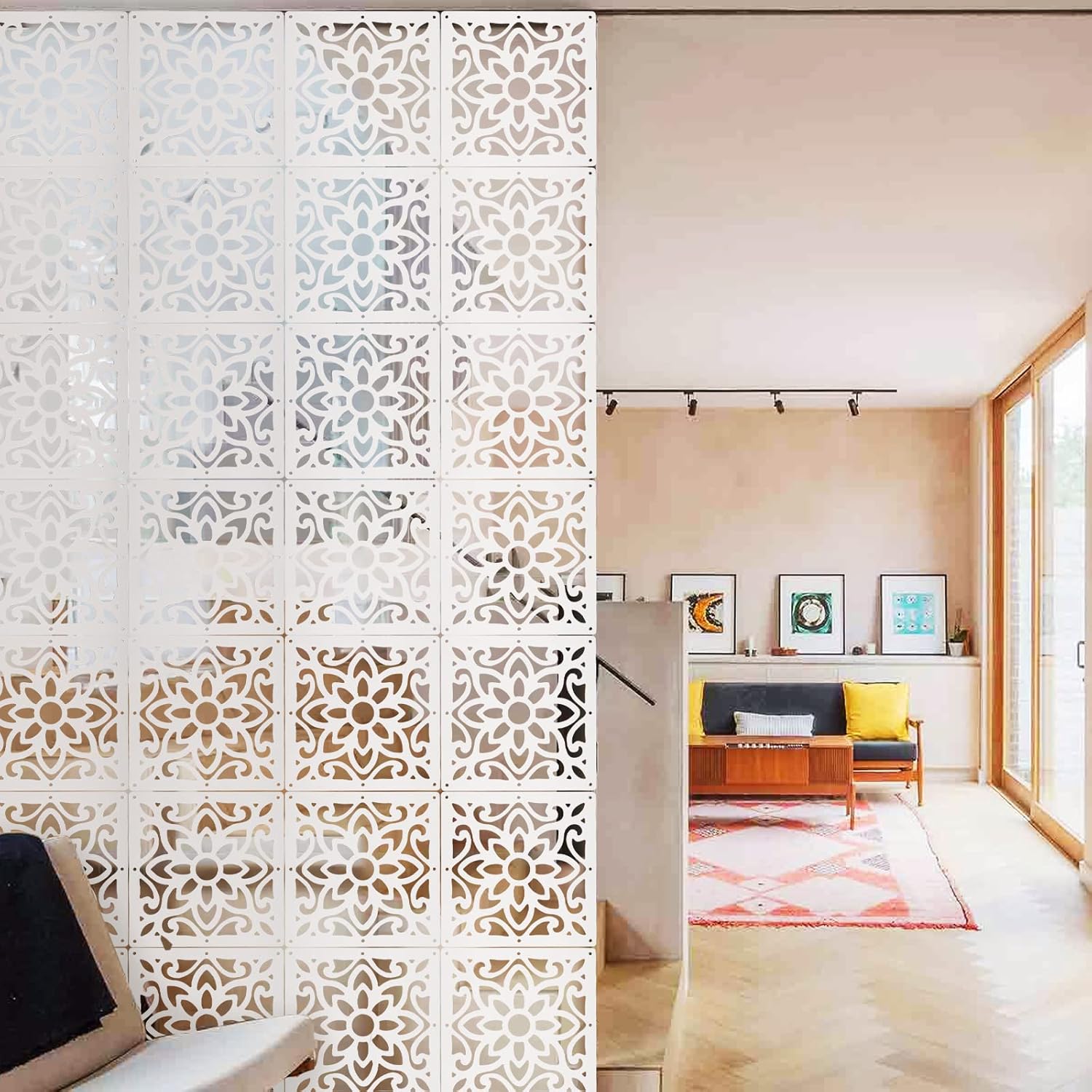 ANMINY 48 PCS Hanging Room Divider Decorative Thick Wall Screen Panels Floral Carving Pattern Hollow Out Design for Bedroom Living Dining Room Kitchen Office Restaurant Home Hotel Decor - White Maze
