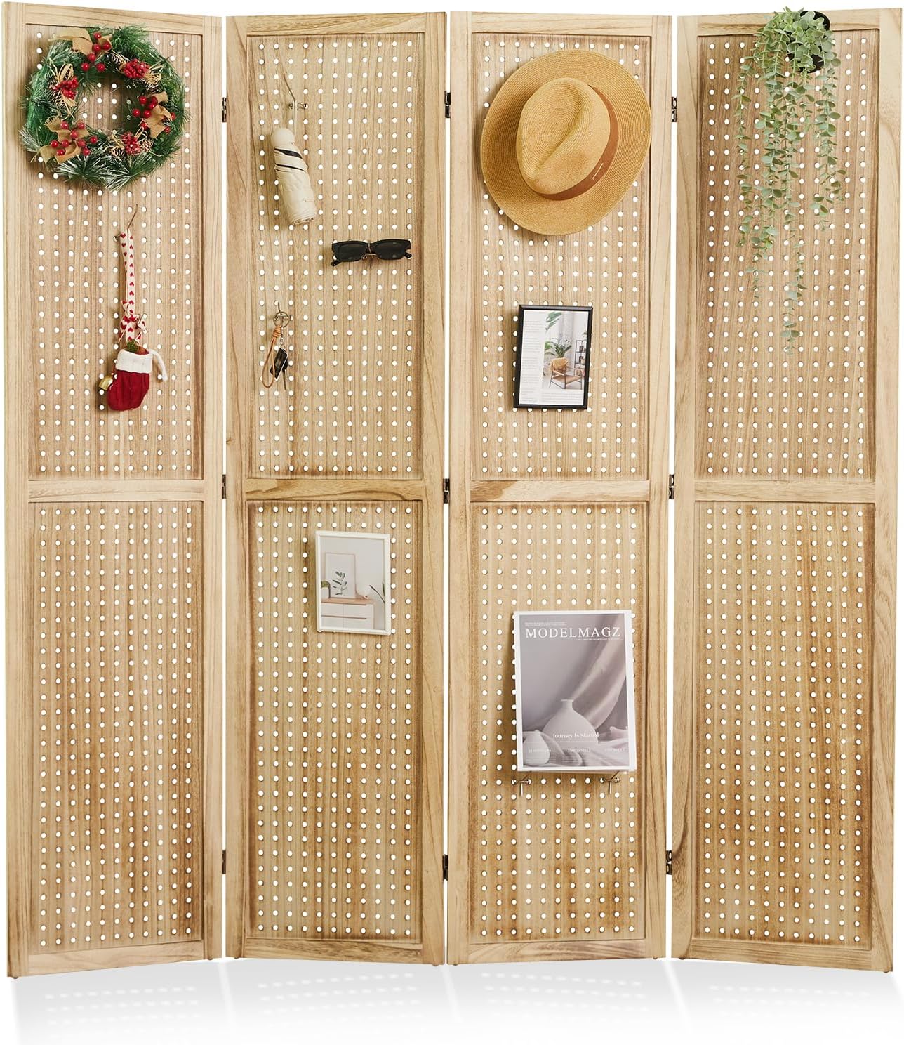 Pegboard Display, 5.6Ft Portable Freestanding Wall Organizer Wooden Room Divider Folding Privacy Screens for Craft Art Display Board (6panels, Natural)