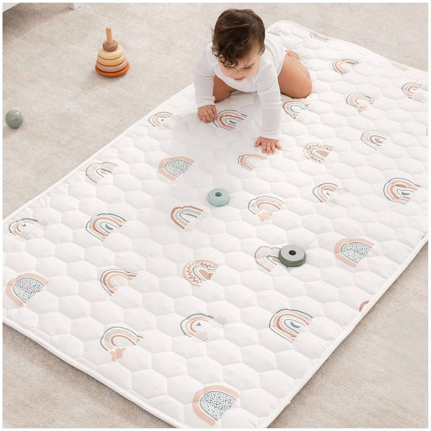 Comfy Cubs Square Kids Play Mat - 56 x 56 inches Soft Quilted Baby Floor Mat with Non-Slip Bottom - Plush Design for Toddlers' Playtime and Relaxation - Comfortable and Durable - Fern