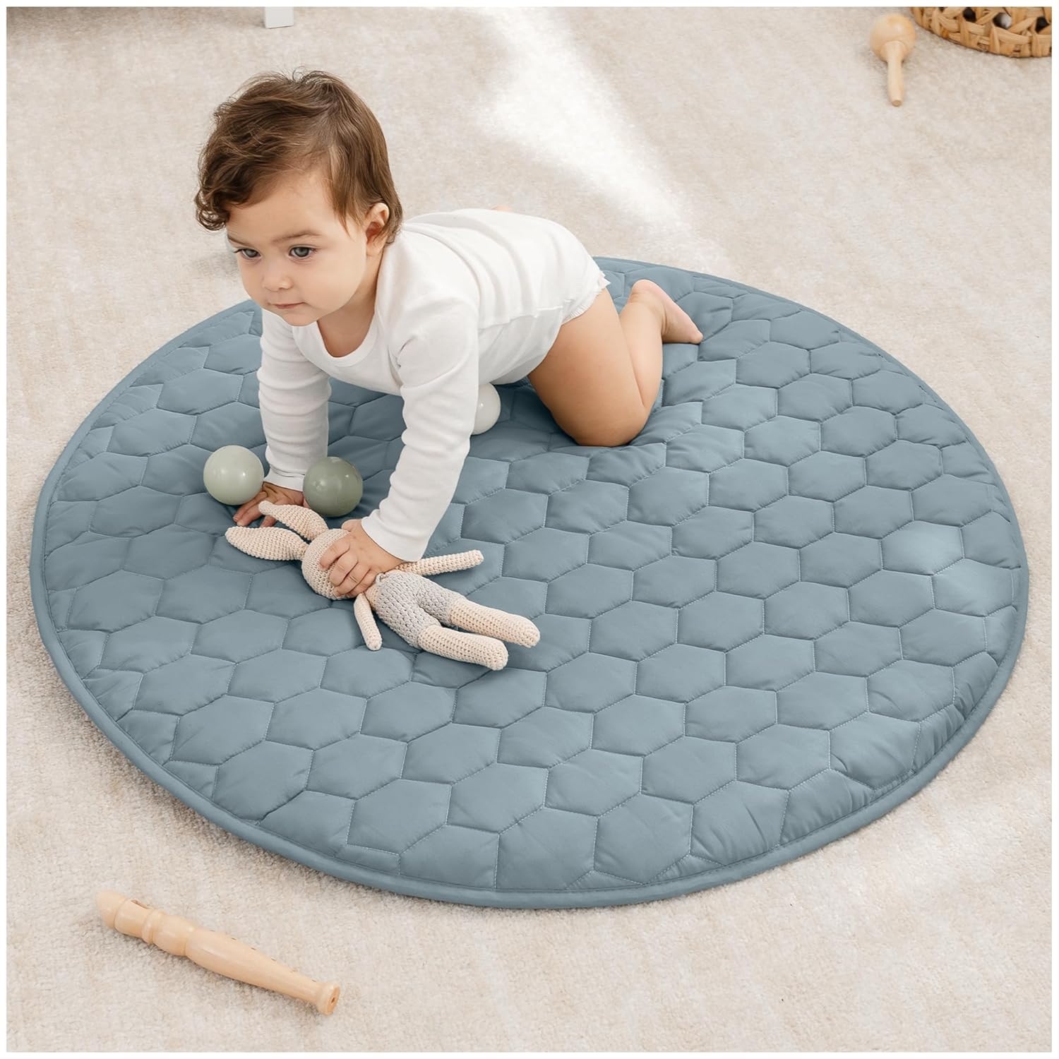 Comfy Cubs Square Kids Play Mat - 56 x 56 inches Soft Quilted Baby Floor Mat with Non-Slip Bottom - Plush Design for Toddlers' Playtime and Relaxation - Comfortable and Durable - Fern