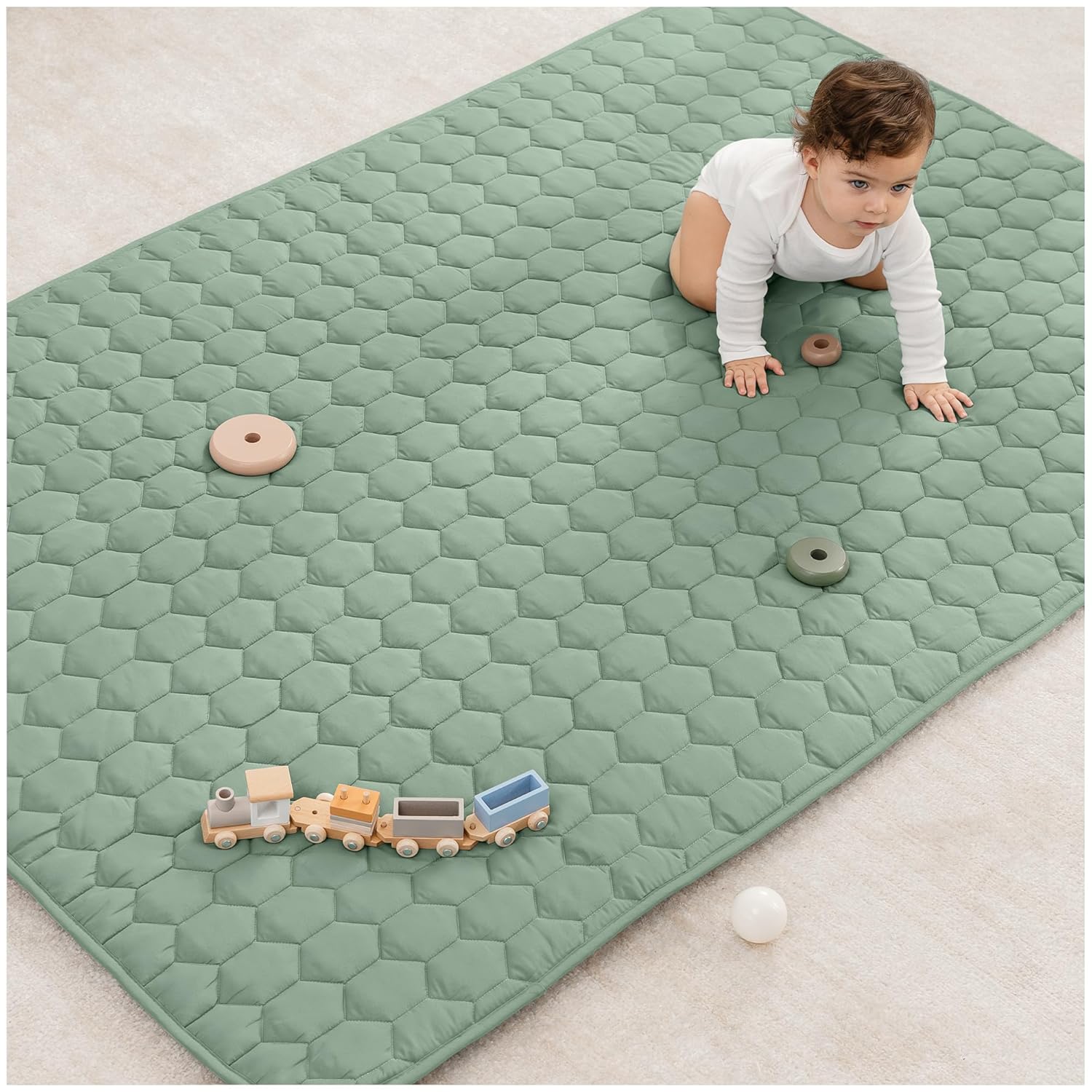 Comfy Cubs Square Kids Play Mat - 56 x 56 inches Soft Quilted Baby Floor Mat with Non-Slip Bottom - Plush Design for Toddlers' Playtime and Relaxation - Comfortable and Durable - Fern