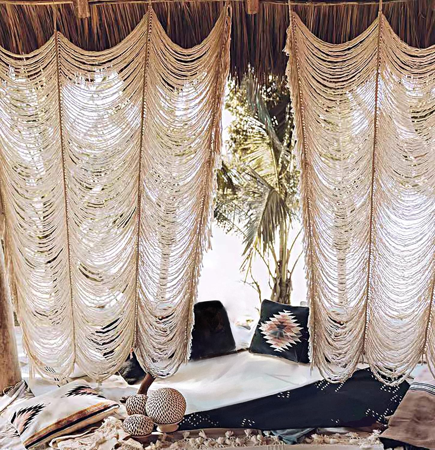 Macrame Curtain Boho Curtain Doorway Window Wall Decor Fiber Yarn Art Handwoven Wall Hanging Art Craftsmanship Home Door Bedroom Wedding Backdrop Arch,Closet Room Divider 59" W x 75" H (1 Panel,Khaki)