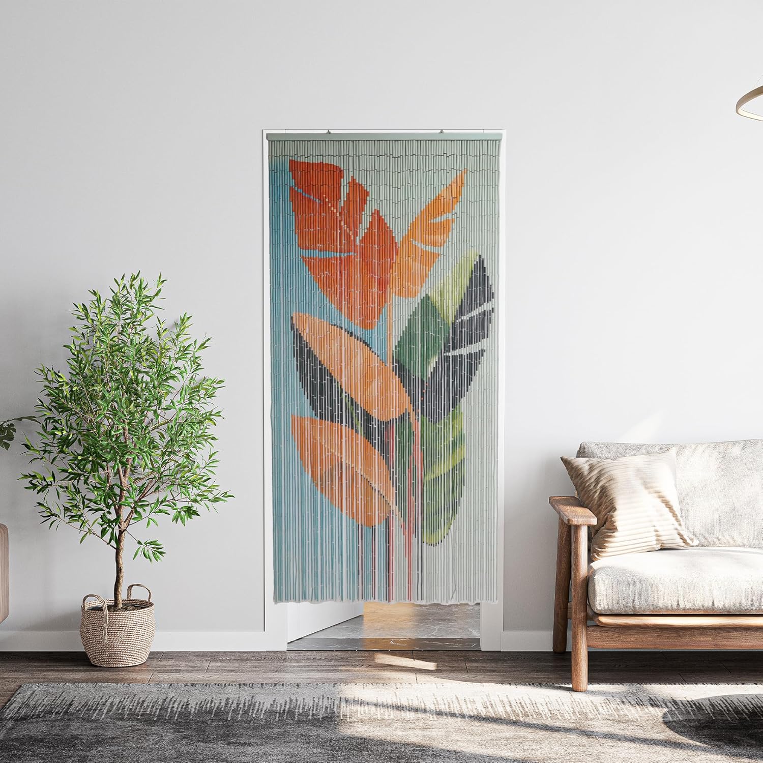 Tropical Leaves Curtain Wall Art, Decorative Room Divider, Natural Vietnamese Craft, Indoor Hanging Bamboo Blinds, Sturdy Hook, Easy to Clean, 35.43 x 78.74 Inches