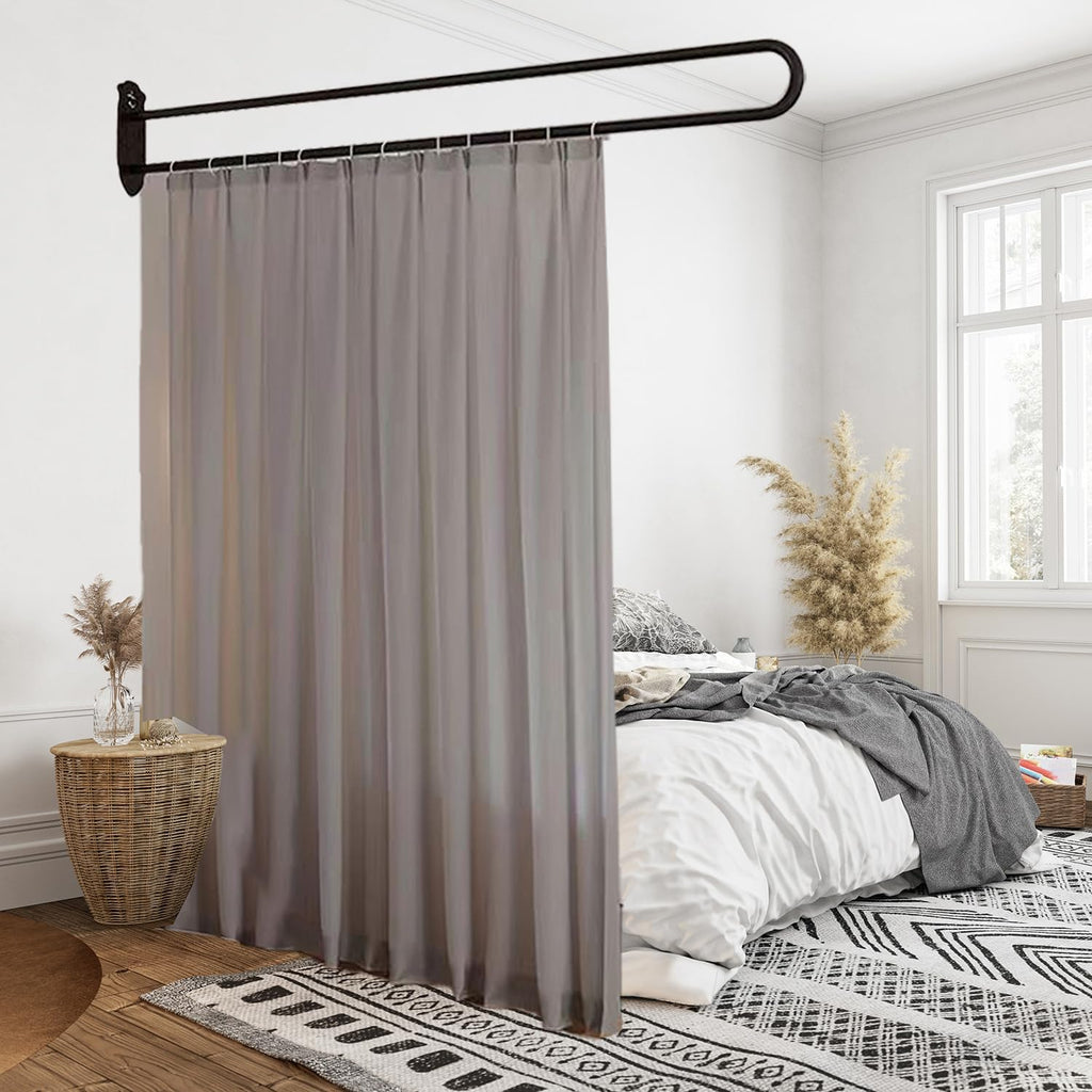 U-Shape Room Divider Privacy Partition Curtains Metal Support Wall Mounted Curtains for Fitting Room Beauty Salon Bedroom Hospital SPA (7.2ft Black)