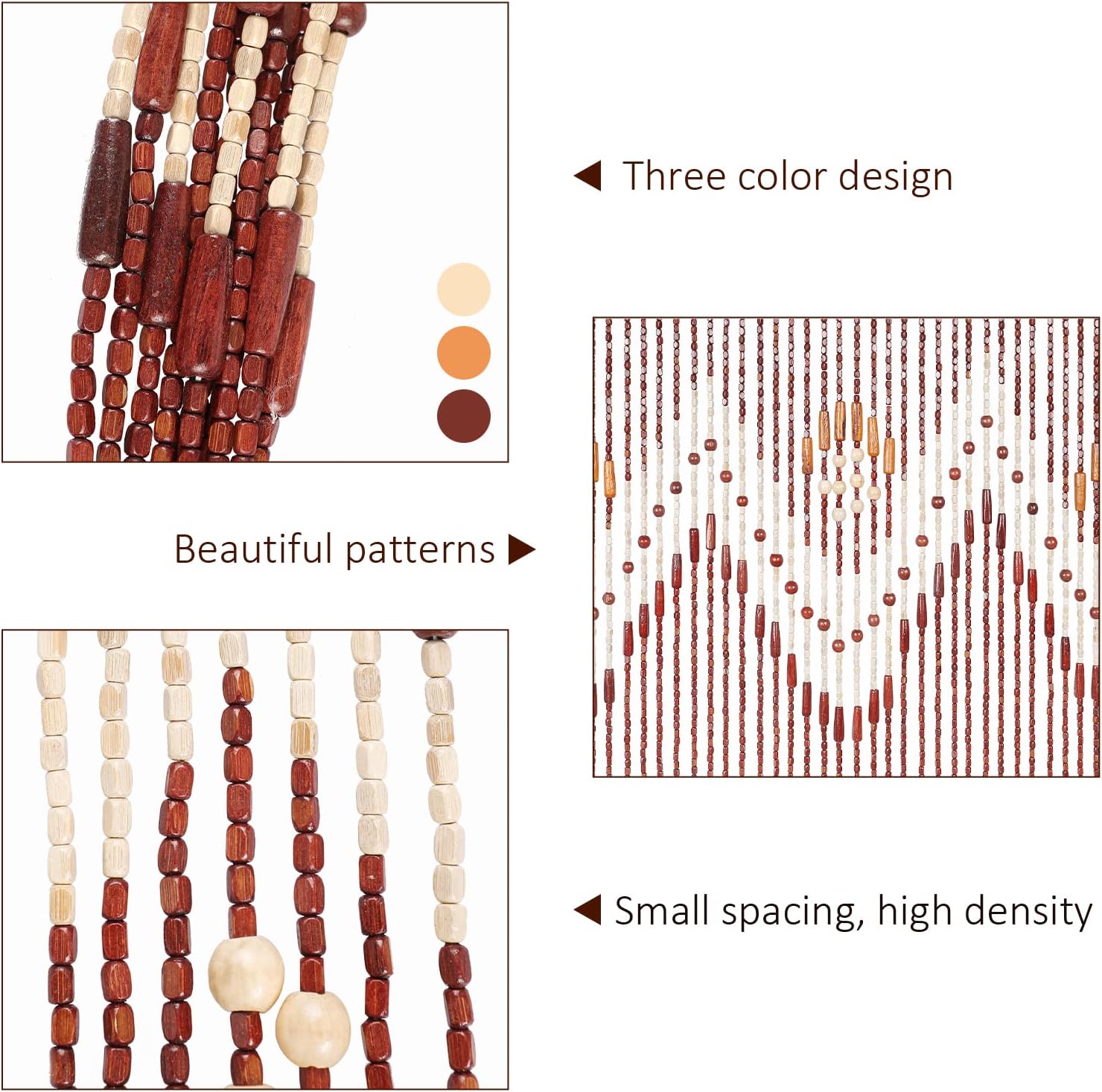 Boho Bamboo Beaded Curtain 35.5 x 75 Inches 52 Strands Handmade Hanging Wooden Door Beads Hippie Curtains Room Divider for Doorway Window Home Decor, Brown