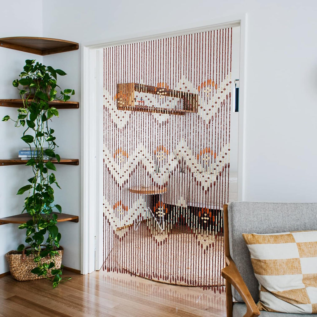 Boho Bamboo Beaded Curtain 35.5 x 75 Inches 52 Strands Handmade Hanging Wooden Door Beads Hippie Curtains Room Divider for Doorway Window Home Decor, Brown
