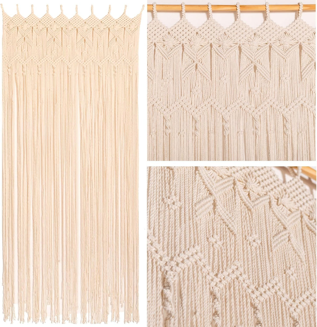 Beige Macrame Doorway Curtains Handmade Boho Doorway Curtain Bedroom 37" W * 77" L, Boho Curtains Macrame Wall Hanging - Beaded Curtains for Doorways