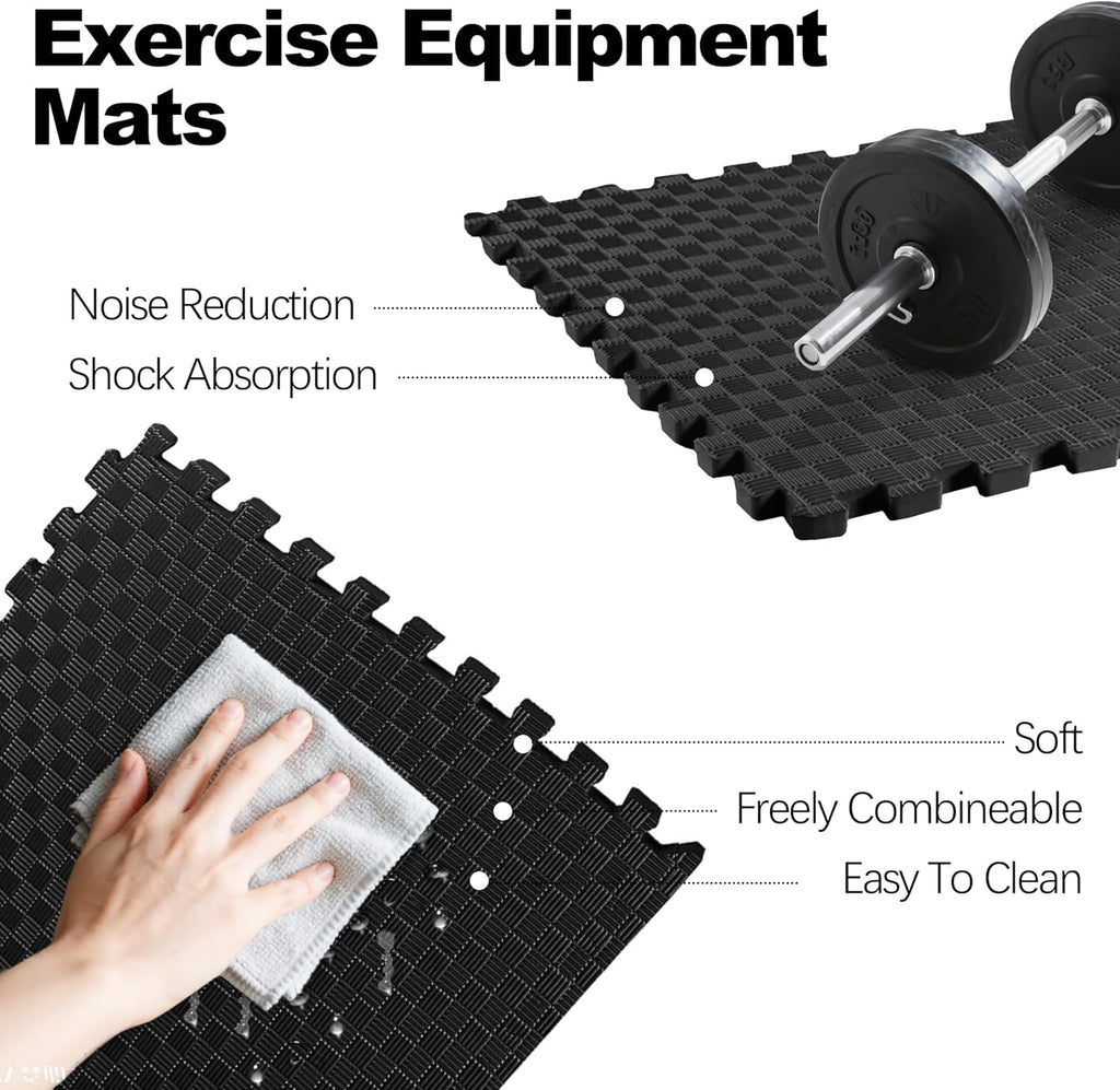 Elevon Puzzle Exercise Gym Flooring Mat, 1" Thick EVA Interlocking Foam Tiles Workout Mat for Home Gym, Fitness Equipment, MMA, Gymnastics, 18 Tiles Shock-Absorbing Exercise Mat, Black (72 Sq Ft)