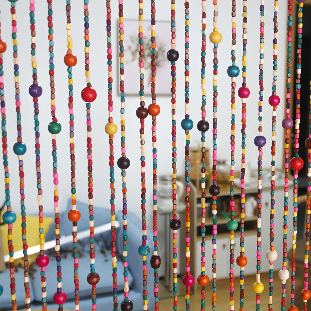 38 Strands Colorful Boho Hippie Door Beads Curtain, Hanging Wood Beaded Curtain for Doorways 36 Inches x 79 Inches (Rainbow)