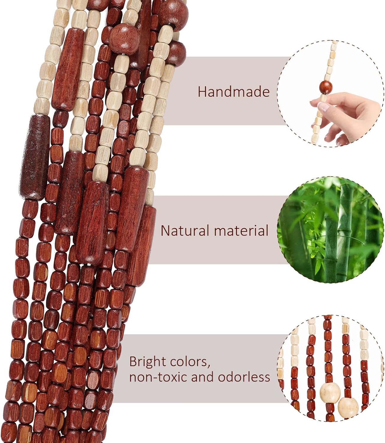 Boho Bamboo Beaded Curtain 35.5 x 75 Inches 52 Strands Handmade Hanging Wooden Door Beads Hippie Curtains Room Divider for Doorway Window Home Decor, Brown
