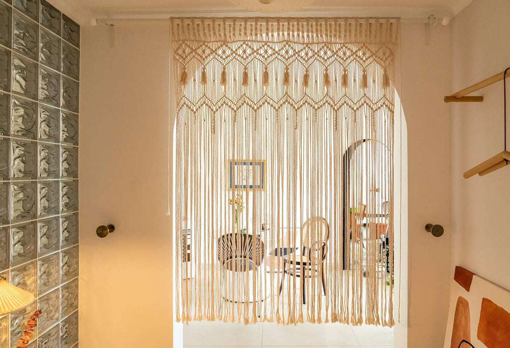 Mkono Macrame Curtain Large Boho Woven Wall Hanging Window Curtains Handmade Bohemian Decor for Window Doorway Closet Wedding Backdrop Arch Bedroom Living Room Apartment, 51''W x 70''L, Set of 2