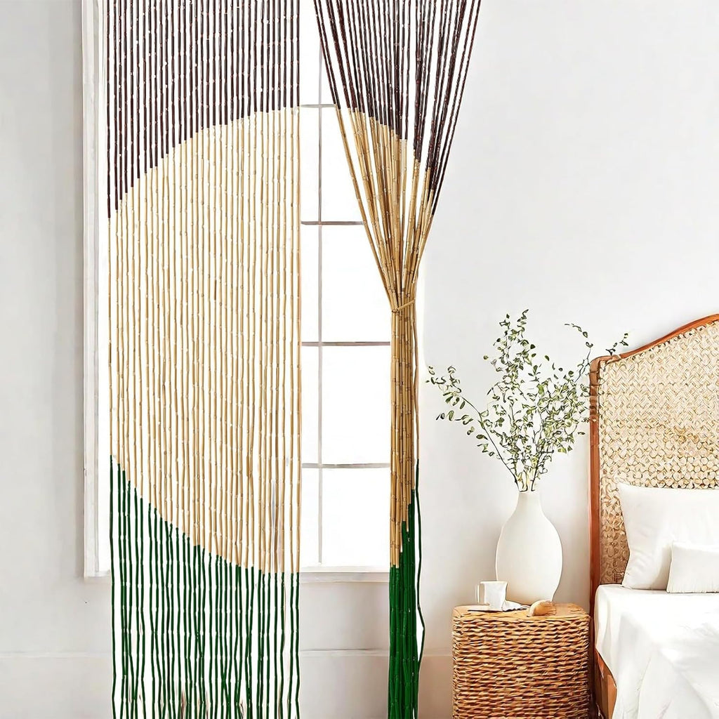 Handmade Bamboo Beaded Curtain for Doorways 65 Strands 35.5" x 75" Boho Door Curtains Window Hanging Room Divider Partition for Home Decoration