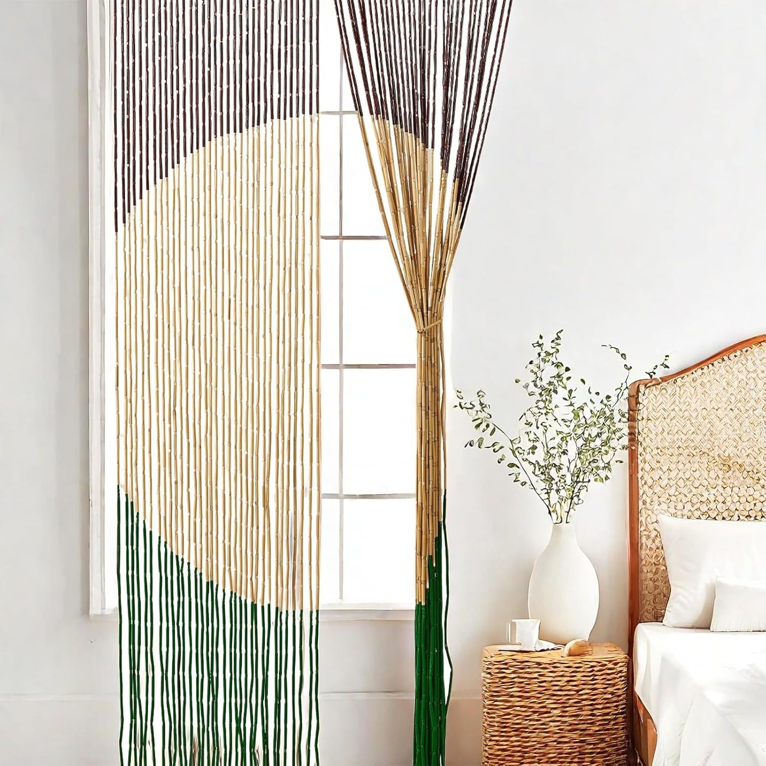 Handmade Bamboo Beaded Curtain for Doorways 65 Strands 35.5" x 75" Boho Door Curtains Window Hanging Room Divider Partition for Home Decoration
