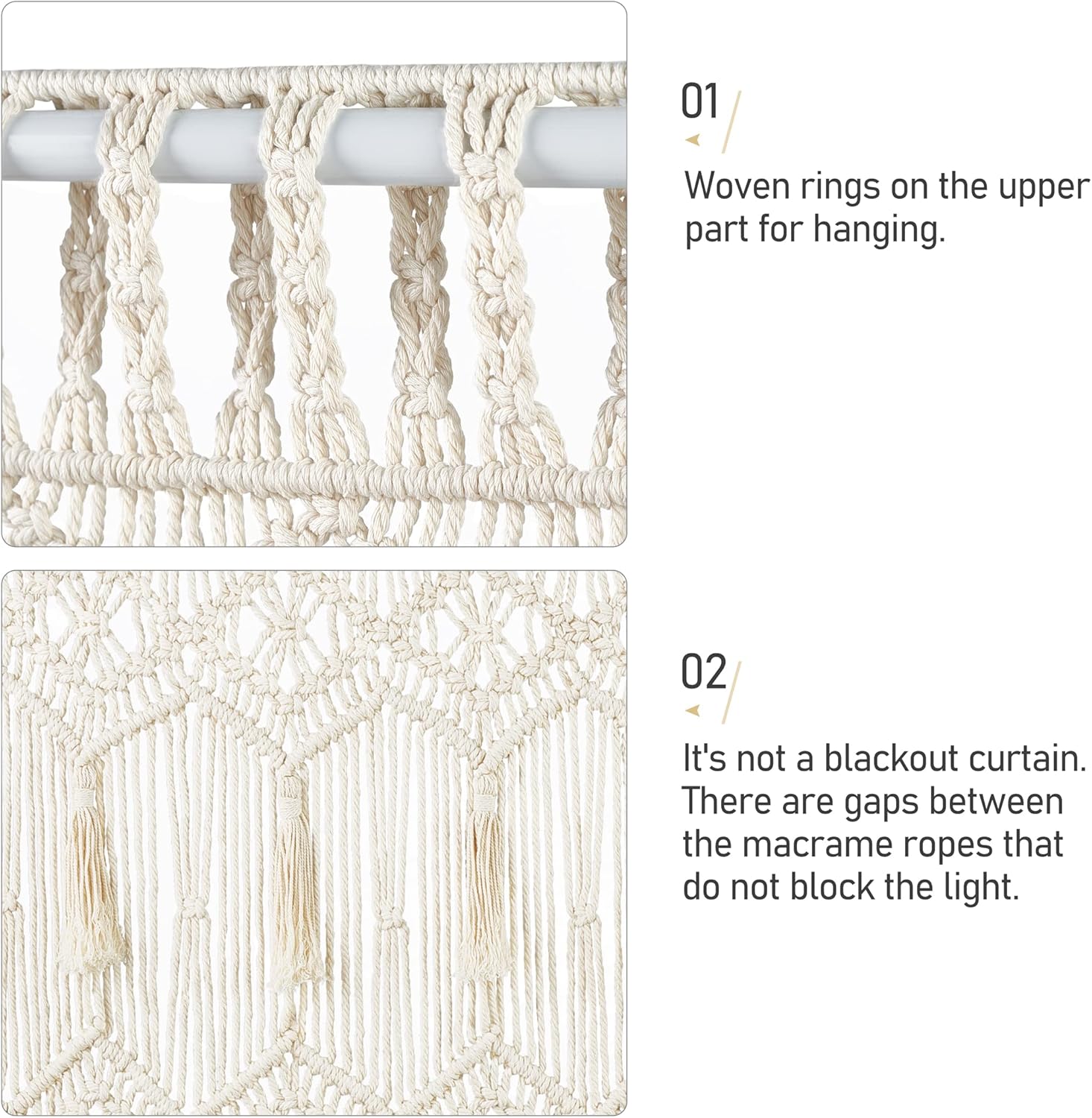 Mkono Macrame Curtain Large Boho Woven Wall Hanging Window Curtains Handmade Bohemian Decor for Window Doorway Closet Wedding Backdrop Arch Bedroom Living Room Apartment, 51''W x 70''L, Set of 2