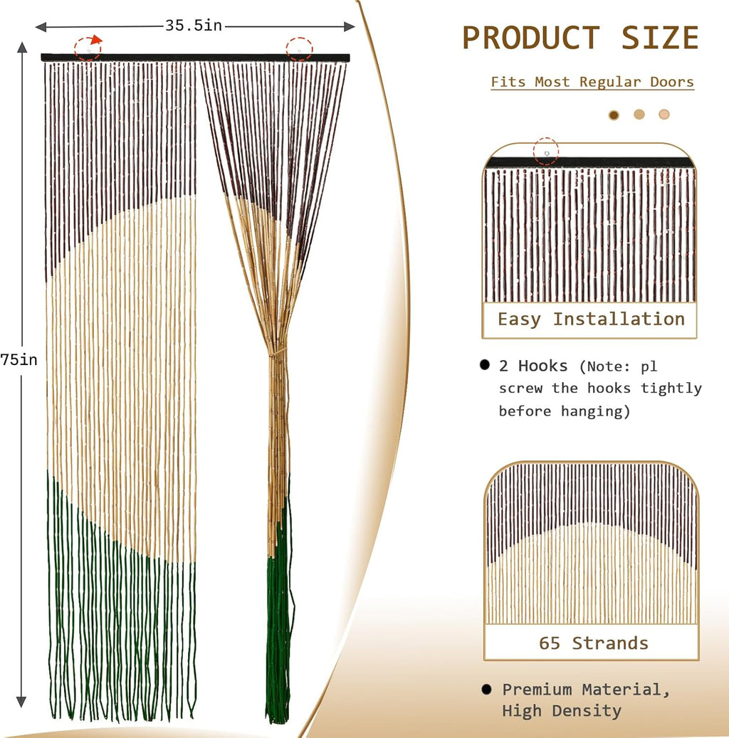 Handmade Bamboo Beaded Curtain for Doorways 65 Strands 35.5" x 75" Boho Door Curtains Window Hanging Room Divider Partition for Home Decoration